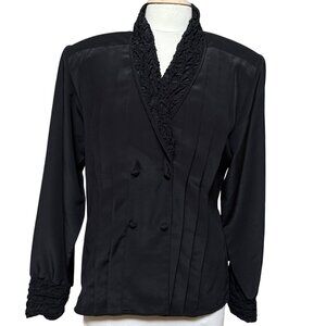 Vtg Erena By Irene Koenig Black Dressy Blouse Pleats Ruffled Collar & Cuffs Sz 8